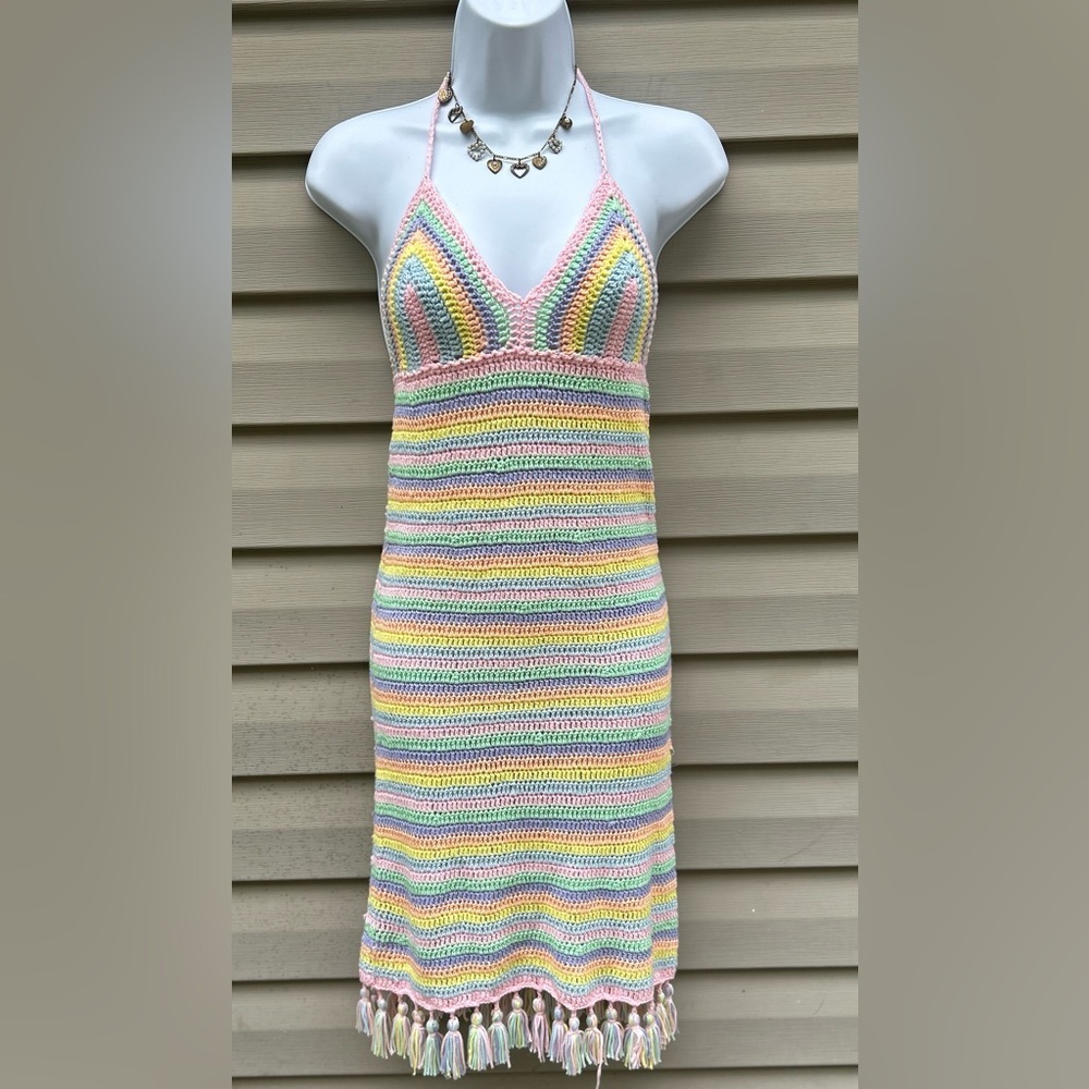 New Hot + Delicious Size S pastel crochet halter dress festival tassel fringe